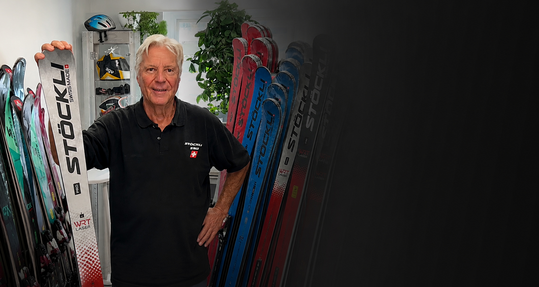 Rick surrounded by Stöckli skis