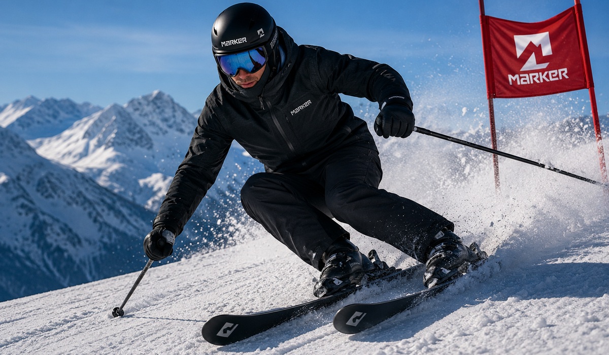 Skier using Marker bindings on a race course